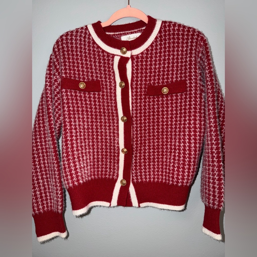 Red Houndstooth Knit Cardigan Sweater